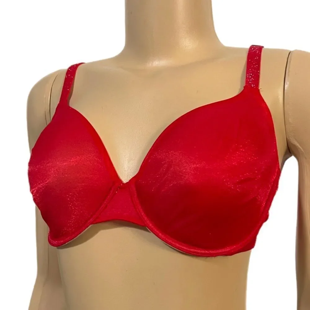 Victoria’s Secret Lined Perfect Coverage underwire Shine mesh bra Red 32DD